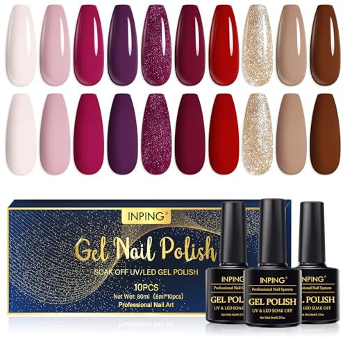 INPING Gel Nail Polish, 10 Colors Purple Red Gel Polish, Dark Burgundy Red Taupe Nude Brown Sparky Gold Glitter Autumn Nail Varnish Soak Off UV LED for Christmas Halloween Nail Art
