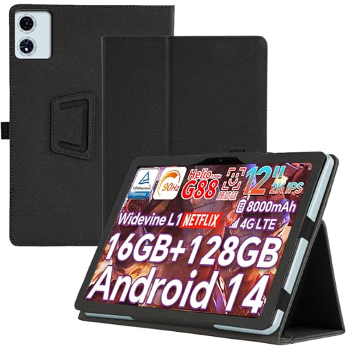 Haofun Hülle Kompatibel mit TECLAST T60 Plus/Odea A12, Ultra Dünn PU, Schlanke und leichte Flip Case Klappbar, Rückseite Abdeckung Klappständer, Schlanke Schutzhülle mit Handschlaufe, Schwarz