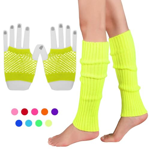 INGJIA Set de Jambières Néon Gants en Résille des Années 80 Jambières Côtelées Gants Courts en Résille(jaune)