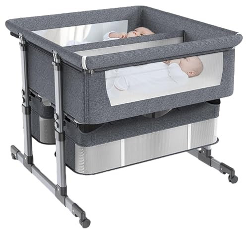 Mixtric Baby Beistellbett, Babybett Für Zwillinge, Tragbares Babybett Mit Stubenwagen, Kinderbett Mit Ablagekorb, 6-Fach Höhenverstellbarer Nachttisch Gegen Erbrechen,A