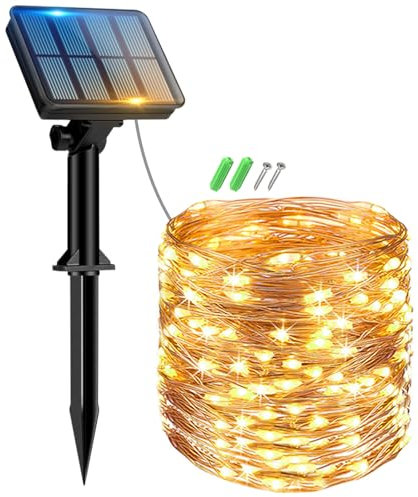Peasur Solar Lichterkette Aussen, 12M 120 LED Solarlichterkette Außen Wetterfest, 8 Modi IP65 Wasserdicht Kupferdraht Lichterkette Outdoor für Balkon Garten Party Hochzeit Weihnachten Deko, Warmweiß