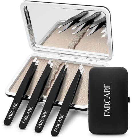 FABCARE Kit Pince à Épiler Professionnelle avec Miroir et Étui, Kit Sourcils Haute Précision, Pinces à Épiler en Acier Inoxydable pour Sourcils et Épilation Faciale