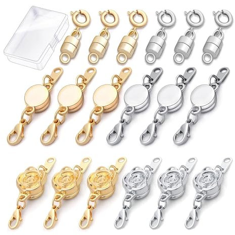 Uxsjakjsd 18 Pcs 3 Styles Magnetic Necklace Clasps and Closures, Rose Round Cylindrical Jewelry Magnetic Clasp Connector Locking Easy Install Easy to Use