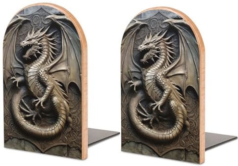 Lot de 2 Serre-Livres en Bois et Fer avec Ailes de Dragon - Antidérapants pour Bureau, Maison, Cuisine, Bibliothèque - 12,7 x 7,6 cm