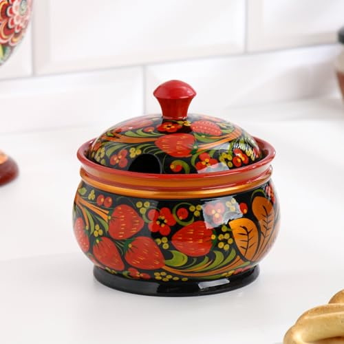 AEVVV Azucarero de madera pintado a mano de Khokhloma tradicional ruso arte popular decorativo almacenamiento artístico diseño floral bayas, multicolor