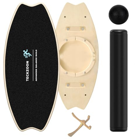 TECKZOON Balansbräda 2025 Trä, Professionell Balansbräda med Rulle, Balansboll, Ställning, Multifunktionell Inomhus Skateboard & Surfbräda för Nybörjare, Trickboard för Fitness, Yoga & Rehabilitering