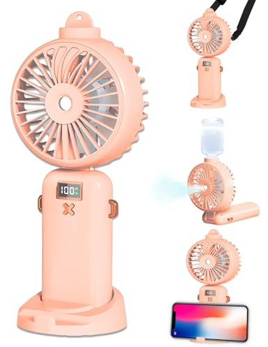 FainFun Handventilator Wasserkühlung, 5000mAh Handventilator mit Wasser USB, 5-Gang einstellbar, Taschenventilator, Faltbarer Tragbarer Mini Ventilator mit Wasser für Büro, Einkaufen, Reisen(Rosa)