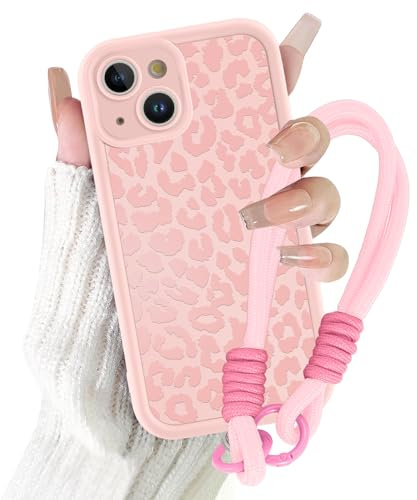 Coalbooliy Cover con Cordino per iPhone 15 Plus 6,7'', Silicone Morbido Custodia Aesthetic Leopardo Rosa Summer Mädchen Modello Disegni Collana Universale Protezione Fotocamera Protettiva Case, 03