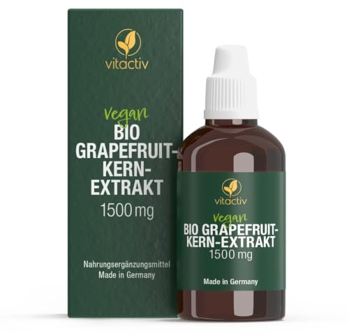 Vitactiv Bio Grapefruitkernextrakt 1500mg Hochdosiert - 100ml Tropfen mit 73mg Vitamin C - Vegan, Laborgeprüft, DE-ÖKO-005 - Made in Germany - 45 Tage Vorrat