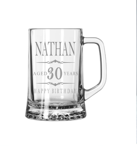 ukgiftstoreonline Personalised Vintage Beer Tankard, Engraved Glass Mug Stein with Birthday Design, Gift Box Included 18th, 21st 30th, 40th, 50th, 60th, 70th 80th (30th Birthday Beer Glass)