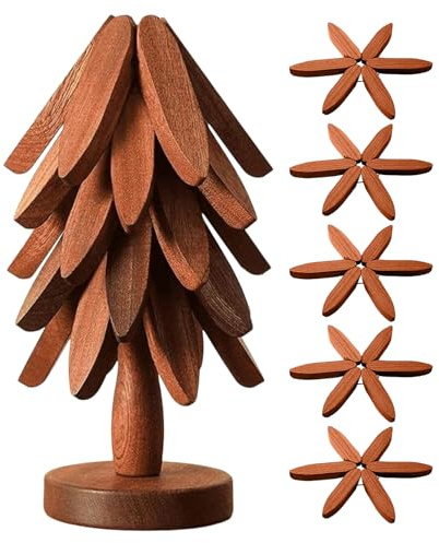 zjhukfmc Set di sottopentola in legno con albero – decorazione natalizia pieghevole naturale – sottopentola in legno per caldi, per cucina, bancone, pentole, padelle, ciotole, teiere,