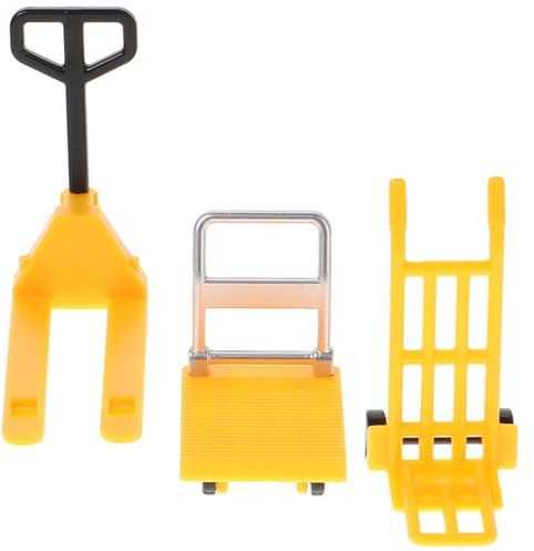 YARNOW Mini Chariot à Main pour Garçon et Filles, Modèle Miniature de Chariot Élévateur de Chantier en Plastique Jaune, Ensemble de Véhicules de Construction 3 Pièces, Outil