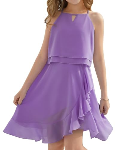 heekpek Abito da Ragazza Senza Maniche Estate Chiffon Vestito Bambina Volant Elegante Abiti da Festa per Ragazza 6-15 Anni