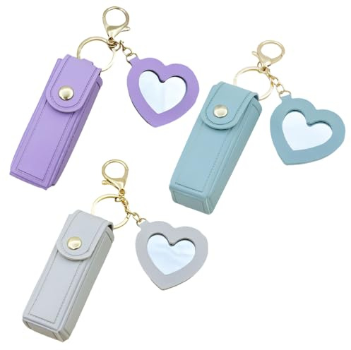 Lot de 3 étuis pour rouge à lèvres avec miroir en forme de cœur, porte-clés, étui portable pour rouge à lèvres avec mini miroir, porte-gloss pour sac à main et porte-clés, vert + violet + blanc