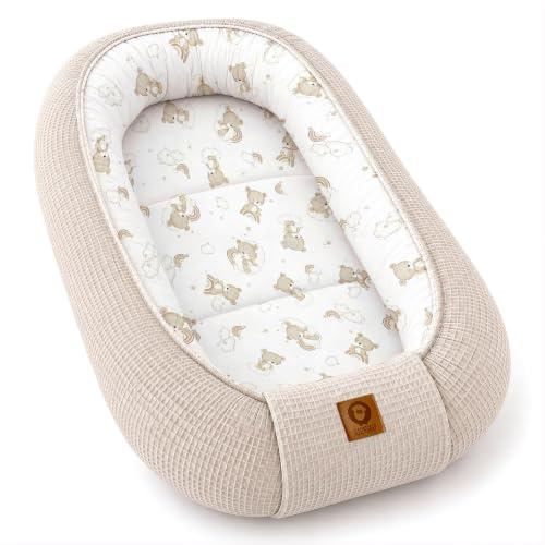 Babynestchen Neugeborene – Nestchen Baby aus Waffel Baumwolle & Baumwollstoff – Babynest für Babybett & Kinderbett – Baby Kokon Tragbar – OEKO-TEX zertifiziert – Zubehör für Babybett - Teddy und Sand