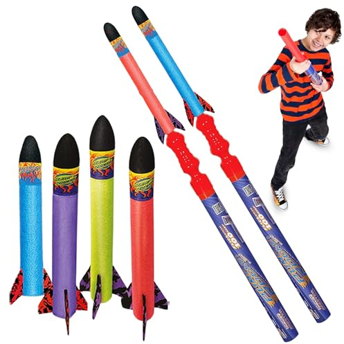 Geospace Pump Rocket Combo Battle Pack (Jr. Battle Pack) Dueling Flying Foam Rockets for Outdoor and Summer Play for Kids - 2 Launchers & 6 Rockets
