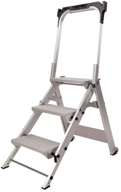 Svelt Sgabello Industriale Professionale Richiudibile in Alluminio con Guarda-Corpo, 3 Gradini Antiscivolo, Vaschetta Porta-Attrezzi e Ruote – Certificato