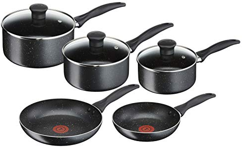 Tefal Origins Stone 5 Piece, Non-Stick, Pots & Pan Set, All Hobs Compatible Except Induction, (16/18/20CM Saucepans with Glass lids, 20/24CM Frying Pans)