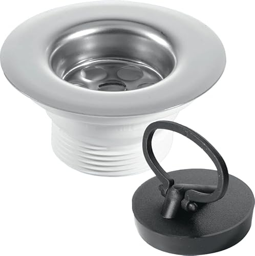 McAlpine Centre Pin Sink Waste: 85mm Stainless Steel Flange with Black PVC Handle Plug - BSW6PR