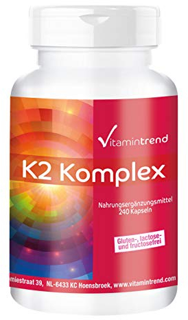 Vitamintrend Vitamin K2 Komplex 1250µg, 240 Kapseln, hochdosiert, MK-4 und MK-7, Nahrungsergänzungsmittel vegan ohne Magnesiumstearat, in Deutschland hergestellt