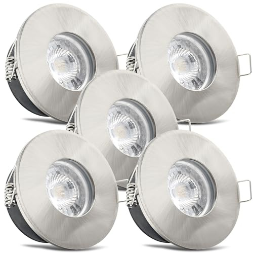 trendlights24 V2 Decken Einbaustrahler rund flach IP65 230V 5W 5er Set | Decken Einbauleuchten, Edelstahl Optik gebürstet, ultra flach, 35 mm, LED Spots, Warmweiß, 3000k, austauschbar Bad, außen