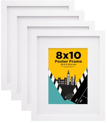EGOFINE 10x8 Picture Frame,100% Solid Wood Frame with 7x5 Mat,10x8 Photo Frames with Plexiglass,20x25 cm Poster Frames for Tabletop and Wall Mounting,White,4 Pack
