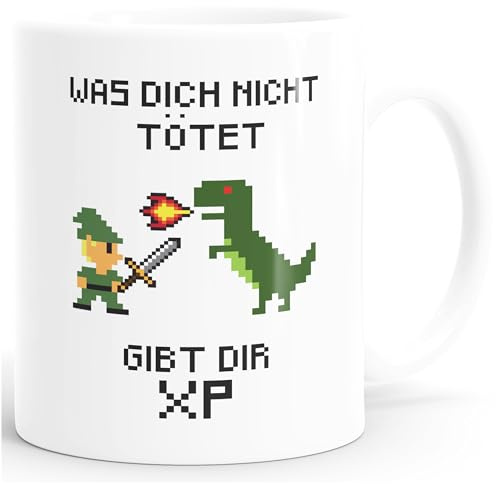 MoonWorks® Kaffee-Tasse Gaming Spruch Was dich nicht tötet gibt dir XP Computerspiel Pixel Style Motiv Bürotasse lustige Kaffeebecher Weiss Keramik-Tasse