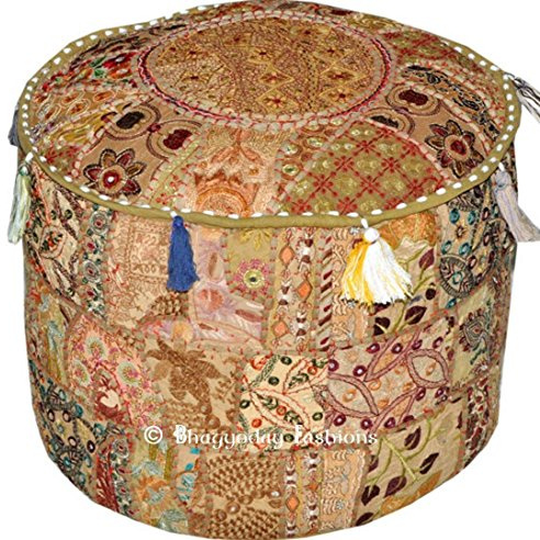 Radhykrishnafashions Vintage Embroidered Pouf Ottoman Footstool Cover Indian Round Ottoman Stool Pouf Pillow, Ethnic Embroidered Pouf Cover, Pouffe Ottoman Pouf Cover Pillow Ethnic Decor Art (Beige)