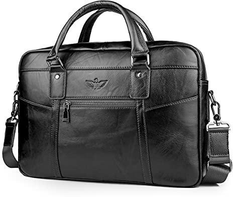 BAGZY Maletin para Ordenador Portátil 15.6 Pulgadas Regalo Hombre Maletín de Cuero Genuino Bolso Hombre Bandolera para Portátil Bolso Mensajero Negocios (Negro)