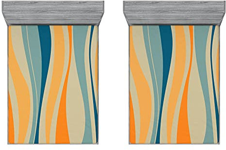 ABAKUHAUS Jahrgang 2er-Satz Spannbetttuch, Retro Leuchtende Streifen, Soft Dekorativer Stoff Bettwäsche Rund-um Elastischer Gummizug, 135 cm x 190 cm, Petrol Blau Marigold