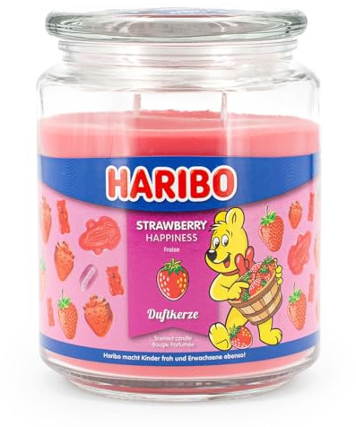 Haribo Duftkerze im Glas mit Deckel | Strawberry Happiness | Kerze Fruchtig | Kerzen lange Brenndauer (100h) | Kerzen Rosa | Duftkerze Groß (510g)