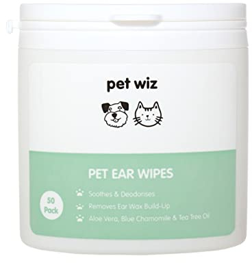 Pet Wiz Toallitas para los oídos para Perros y Gatos. Limpian, calman y desodorizan con Ingredientes Activos Naturales, Aloe Vera, Hamamelis, Aceite de árbol de té y extracto de manzanilla Azul