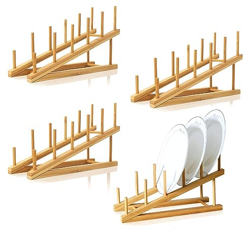 TIE-DailyNec 4 PCS Wooden Dish Drying Rack Bamboo Plate Dish Rack Stand Kitchen Cabinet Organizer Pot Lid Holder for Plate, Dish, Cup, Cutting Board, Bowl, Pot Lid