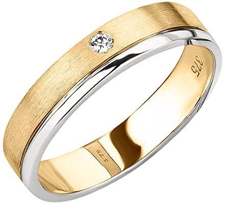 Ardeo Aurum Damenring Trauring 375 Gold Bicolor Gelbgold-Weißgold 0,02 ct Diamant Brillant 4 mm Breite Ehering Verlobungsring Modell 187 Größe 58