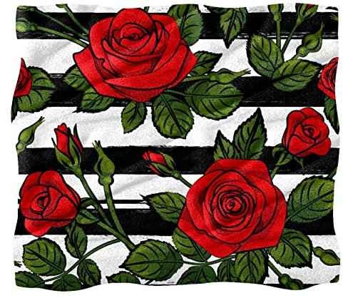 Fleece-Überwurfdecke für Couch, Sofa oder Bett, gemütliche, weiche Decken, rote Rosen, Blumenblätter, schwarz-weiß gestreift