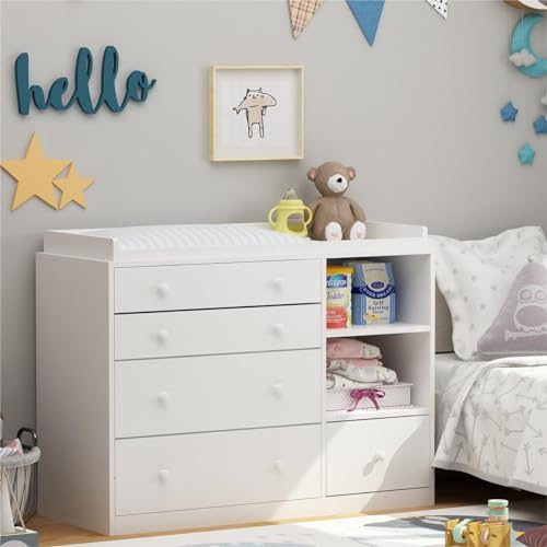 PREMTURE Wickelkommode Wickelregal mit 5 Schubladen, Babykommode mit 2 offene Stauräume, Babymöbel Wickeltisch für Babyzimmer, Schlafzimmer weiß 120 * 50 * 91.5cm