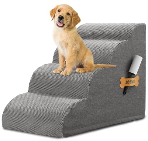 Dog Stairs, Romrol Dog Steps Ramp for High Bed and Couch, Dogs Ramp with Durable Non-Slip Waterproof Fabric Cover, Pet Stairs for Small Dogs and Cats or Pets Joints, 4-Tiers,Grey
