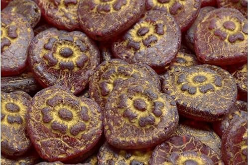 90 Gramm (approx. 40 pcs) - Herzperlen mit Rose - Heart Beads With Rose 17x17mm, Czech Glass, Ruby Red Etched Gold Lined (90080-ETCH-54302)