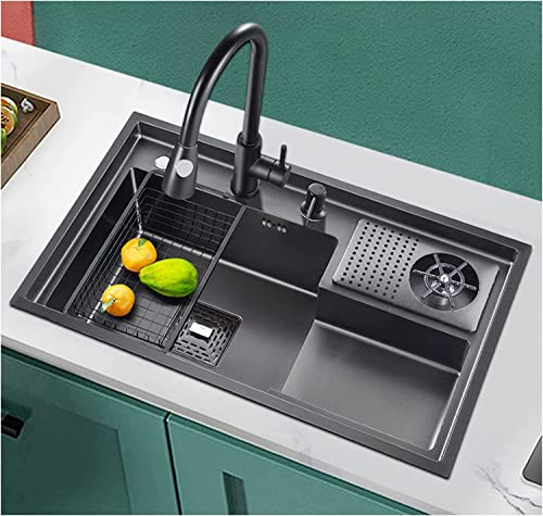 Waschbecken für Zuhause, Küchenspülen, schwarzes Edelstahl-Küchenspüle, Unterbau-Waschbecken, Einzelbecken, Ladenspüle mit Wasserhahn, Tassenwascher, Abflusssieb-Set für Wohnmobil, Zuhause,