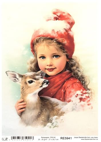 Josys Bastelmärchen Reispapier A4 Strohseide Weihnachten Vintage Engel Engelchen Kind Rehkitz RE5941