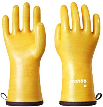 wahoo Liquid Silicone Oven Gloves, Heat Resistant Oven Mitts for Cooking, Baking, BBQ, CoralAir Liner, Food Grade, Waterproof, Non Slip, Yellow, XL/10
