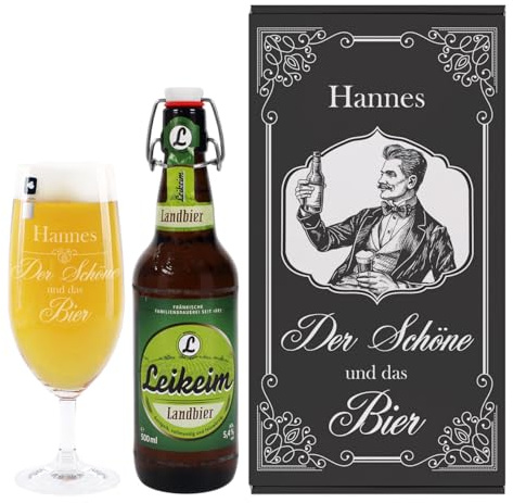 Herz & Heim® Geschenkset für Männer - Pilsglas graviert mit Flasche Bier in Geschenkbox - Der Schöne und das Bier - Geschenk für Vatertag oder Geburtstag (Leikeim Landbier)