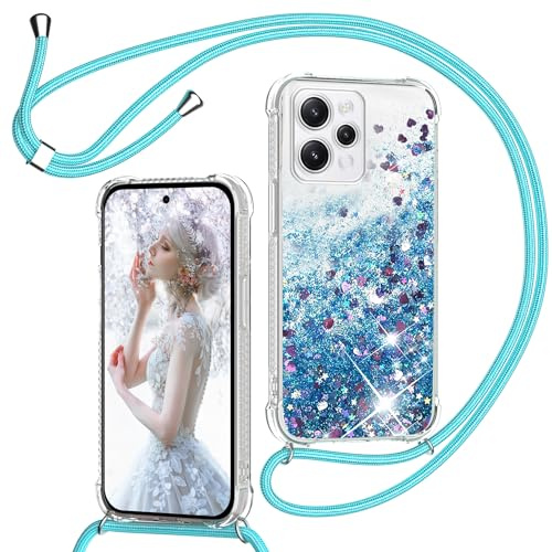 TUUTPU Cover per Xiaomi Redmi 12 4G con Cordino, Custodia Brillantini Liquido con Collana Trasparente Ultra Sottile Silicone Antiurto Protettivo Sabbie Mobili Case per Cellulare Cordoncino, Blu