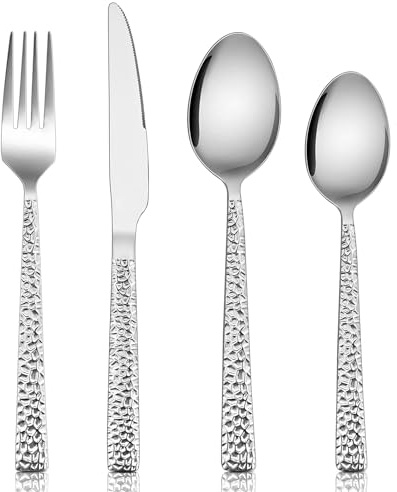 24 Piece Cutlery Set,Stainless Steel Food-Grade Tableware Cutlery Set, Hammered Silverware Dinnerware Set Included Metal Fork Knife Spoon, Mirror Polish & Dishwasher Safe