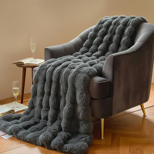 Kuscheldecke Kaninchen Plüsch Decke Kunstfell Warme Überwurfdecke Sofadecke Vielseitig Blanket für Couch Bett Sofa (Anthrazit, 160 * 200cm)