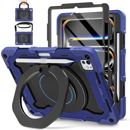 ROISKIN for iPad Pro 11 inch Case M5/M4 (2025/2024) (6th/5th Generation) with Screen Protector, 360°Rotating Stand, Shoulder Strap, Heavy Duty Shockproof Kids Cover with Pencil Holder, Navy Blue
