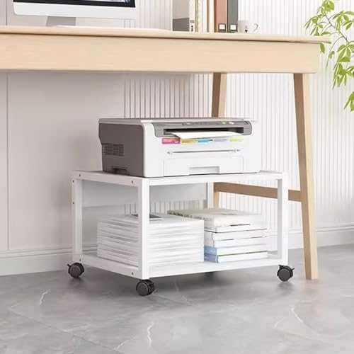 GLDWEY 2-schrichte Druckertisch Druckerständer mit Rollen mobiler Druckerwagen Druckerregal aus Holz Metall Druckerschrank für Drucker Scanner Arbeitszimmer Büro