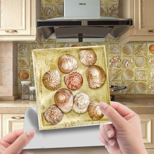 Fliesenaufkleber Retro Shell Selbstklebende Klebefliesen, Wandfliesen Aufkleber,Wasserdicht Fliesensticker Fur Kuche Badezimmer Dekorative Stickerfliesen,Wohnzimmer Dekoration15X15Cm