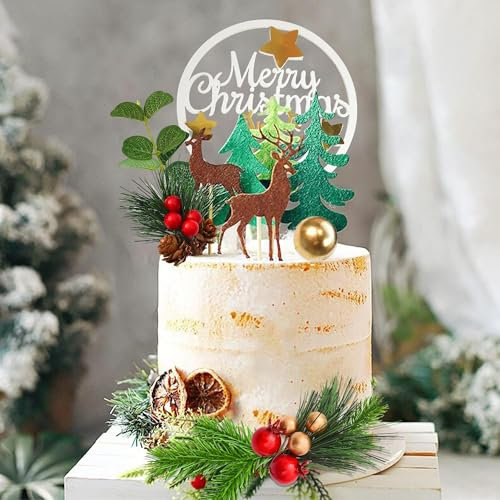 12PCS Christmas Cake Topper Merry Xmas Cake Decorations with Deer Santa Pine Tree for Winter Holiday Party Supplies
