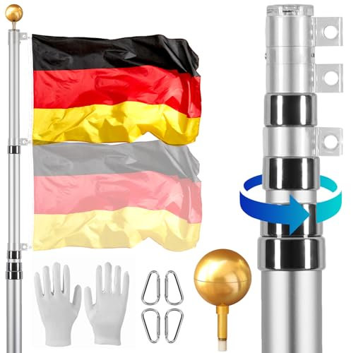 VEVOR 7,3m Teleskop-Fahnenmast-Set, Fahnenstange-Set aus Aluminiumlegierung im Boden für draußen, 3 Anzeigemodi Fahnenmast mit professionellem Zubehör, deutsche Flagge, Silber